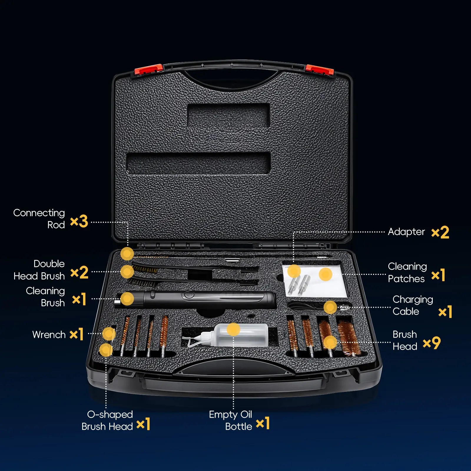 Universal gun cleaning kit, suitable for cleaning all calibers and types of firearms, comes with eight brass brush heads and three reinforced extension rods, ideal for veterans and hunting enthusiasts.