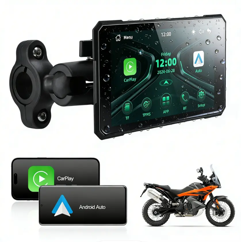 【FOZETOP】Motorcycle Wireless CarPlay & Android Auto System, 5-in Car Accessories, Handlebar-Mountable Waterproof Portable Setup, Touchscreen for Quick Taps, Helmet Bluetooth, Dual Voice Control (Siri & Google Assistant), App-Compatible Accessories for Car