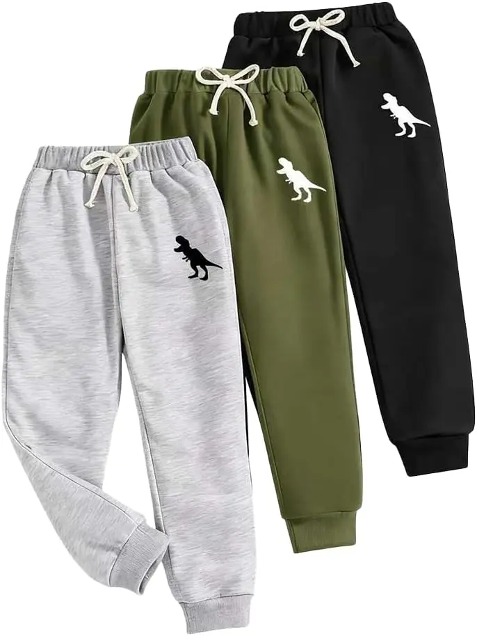 Nivne Tco Toddler Boys' 3-Piece Dinosaur Graphic Jogger Set, Elastic Waist Sweatpants with Bowknot Rope Decor