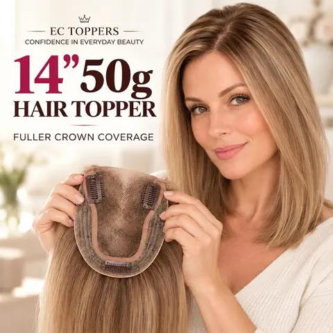 EC 50g Hair Topper for Women with Thinning Hair, 14in Straight Synthetic Crown Hairpiece with Hand-Knotted Lace Base, Clip-In Volume & Coverage