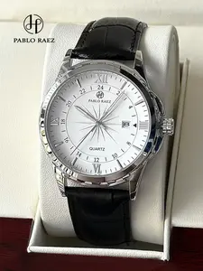 Luxury Men's Quartz Watch, Stainless Steel Case, Leather Strap, Luminous Hands & Markers, Waterproof, Business Style, Stainless Steel Wristwatch, Business Fashion Watches, Stylish Watch