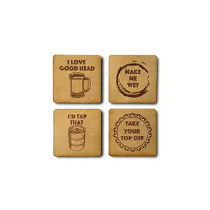 Beer Coasters | Set of 4  | Laser Engraved Real Wood Drink Coaster with Cork Backing - Housewarming Gift