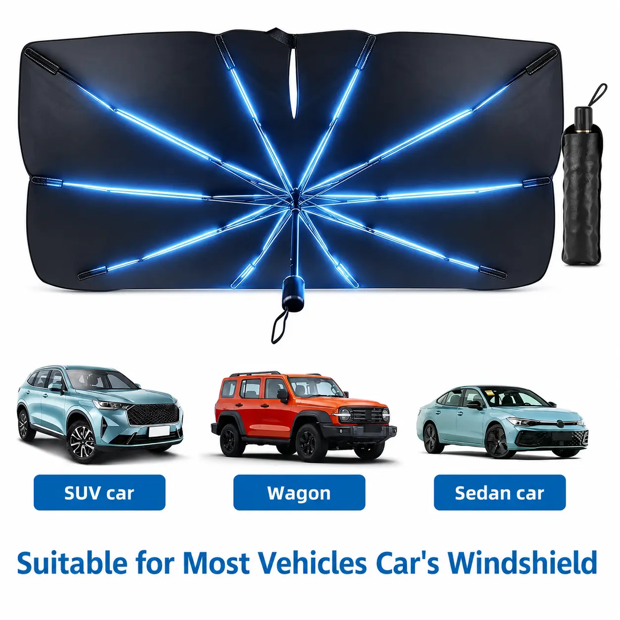 【Father's Day Gift】Car Windshield Sun Shade Umbrella, Portable Automotive Glass Sunshade, Durable 5-Layer Coating UV-Protective Cover, 10 Reinforced Ribs, 55"x31" Medium Foldable Shield for Sedans, SUVs, Portable Car Sunshade, Durable Sun Shade