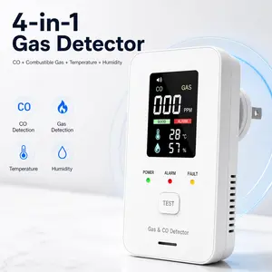 4 in 1 Gas Detector Plug In Carbon Monoxide and Combustible Gas Leak Detector with LCD Temperature and Humidity Display Sound and Light Alarm for Natural Gas Methane Propane LPG Home Kitchen Apartment and RV