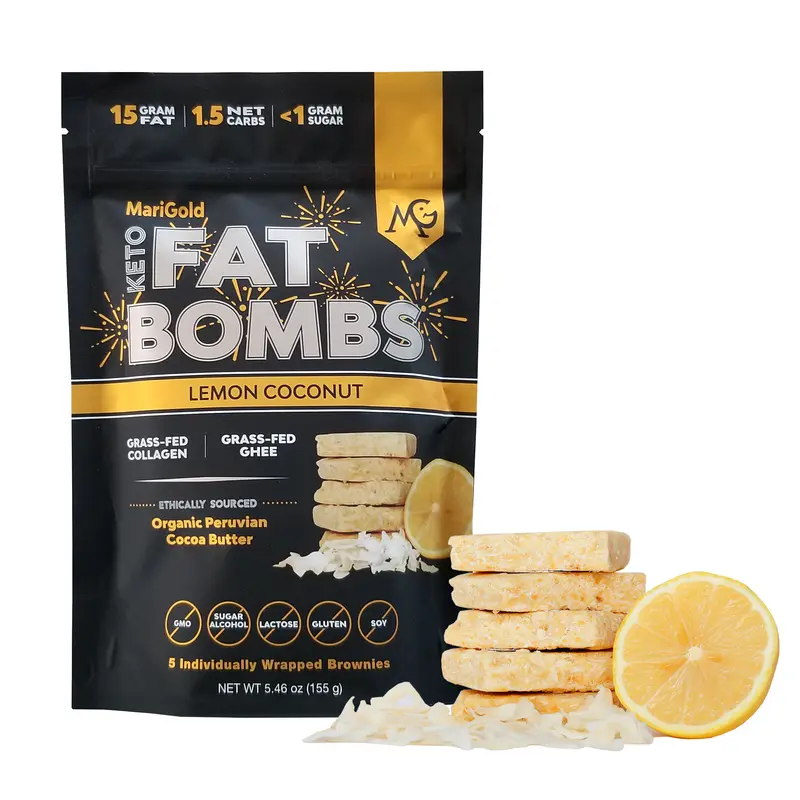 MariGold Keto Fat Bombs - Lemon Coconut (5 bars) - Low Carb, Collagen Rich, Grass-fed Ghee, Organic Cocoa Butter, Gluten-Free, Non-GMO Protein Snack