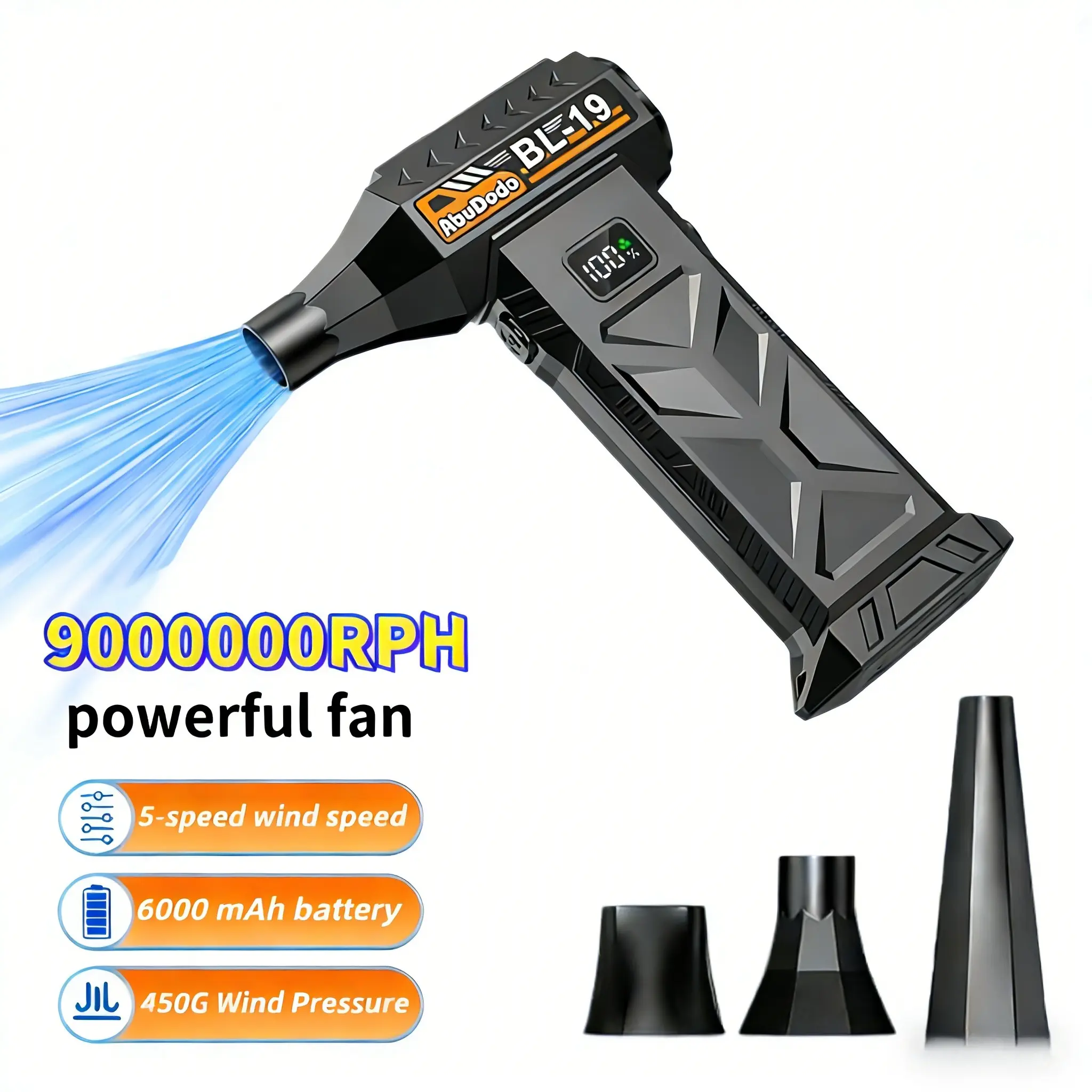 Portable Turbine Jet Blower，9000000RPH High-Power Snow Blower/Snow Remover,6000mAh battery pack，USB-C Fast Charging, 5 wind speed modes. Suitable for Dust Removal (cars/computers), Snow Pile Clearing, and Leaf Blowing.Cleaning tools