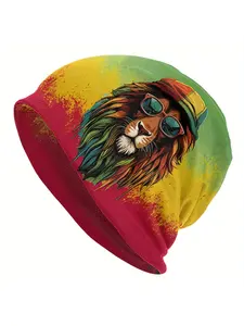 Rasta Roots Lion Strength Graphic Beanie - Soft, Unisex Knit Hat with Vibrant Lion Design, Red & Green Color Scheme, Casual Headwear for Men and Women, Everyday Headwear | Vibrant Graphic Cap | Soft Knit Cap