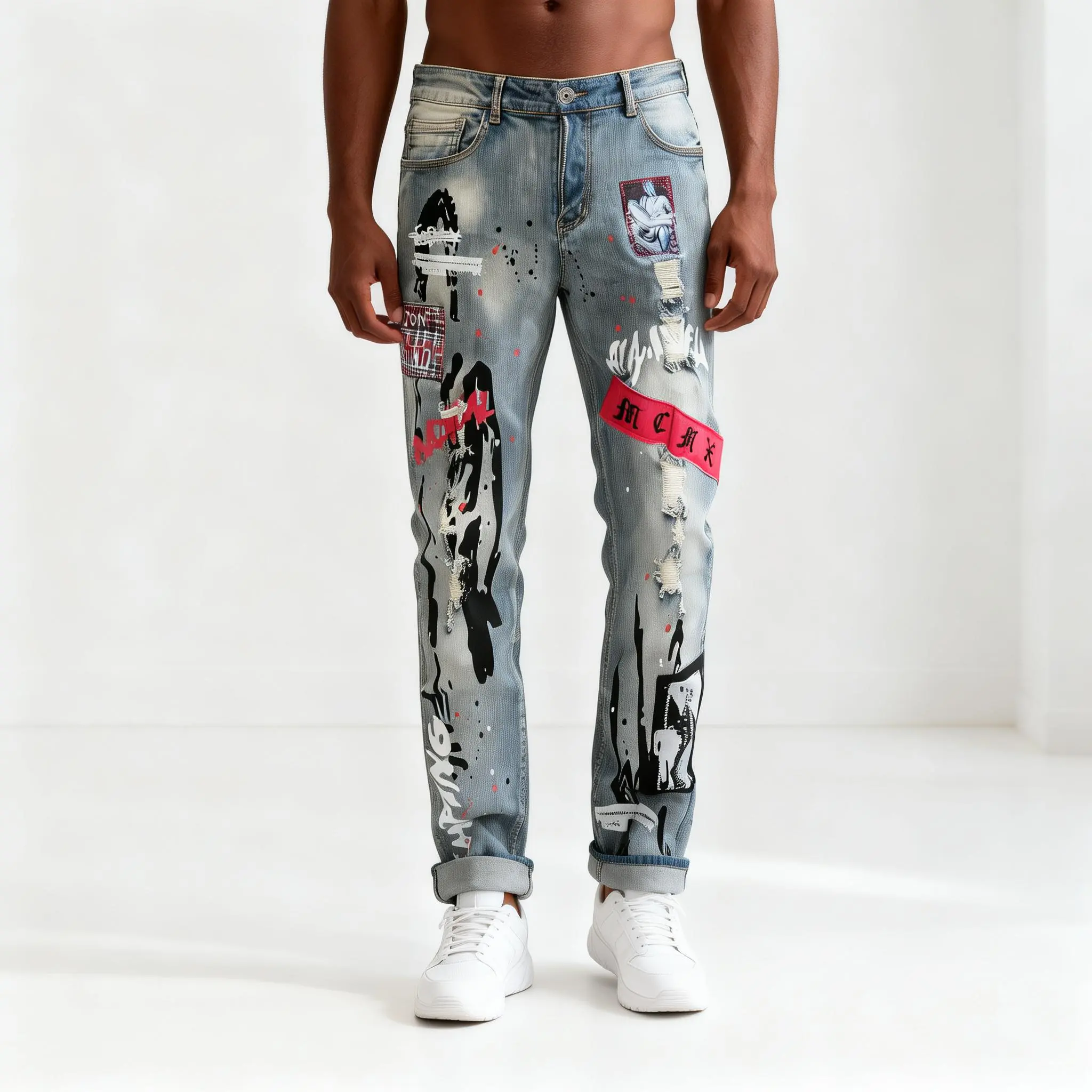 Men's Slim Tapered Jeans in a Vintage Wash, Distressed Stretch Denim with Graffiti Print and Embroidered Patches, Ripped Streetwear, Distressed Denim Trousers, Ripped Casual Jeans, Denim Lower