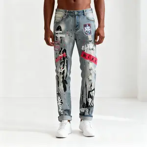 Men's Slim Fit Straight-Leg Distressed Jeans - Vintage Washed Denim with Embroidered Slogans & Patches, Stretch Comfort, Machine Washable, All-Season Streetwear Style Style-De Largent Jeans (Ice)-3128  old navy baggy jeans for men tiktokshopspringglowup