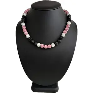 Iced Bling Disco Ball Rhinestone Crystal Bead Baseball Softball Necklace Pink Black