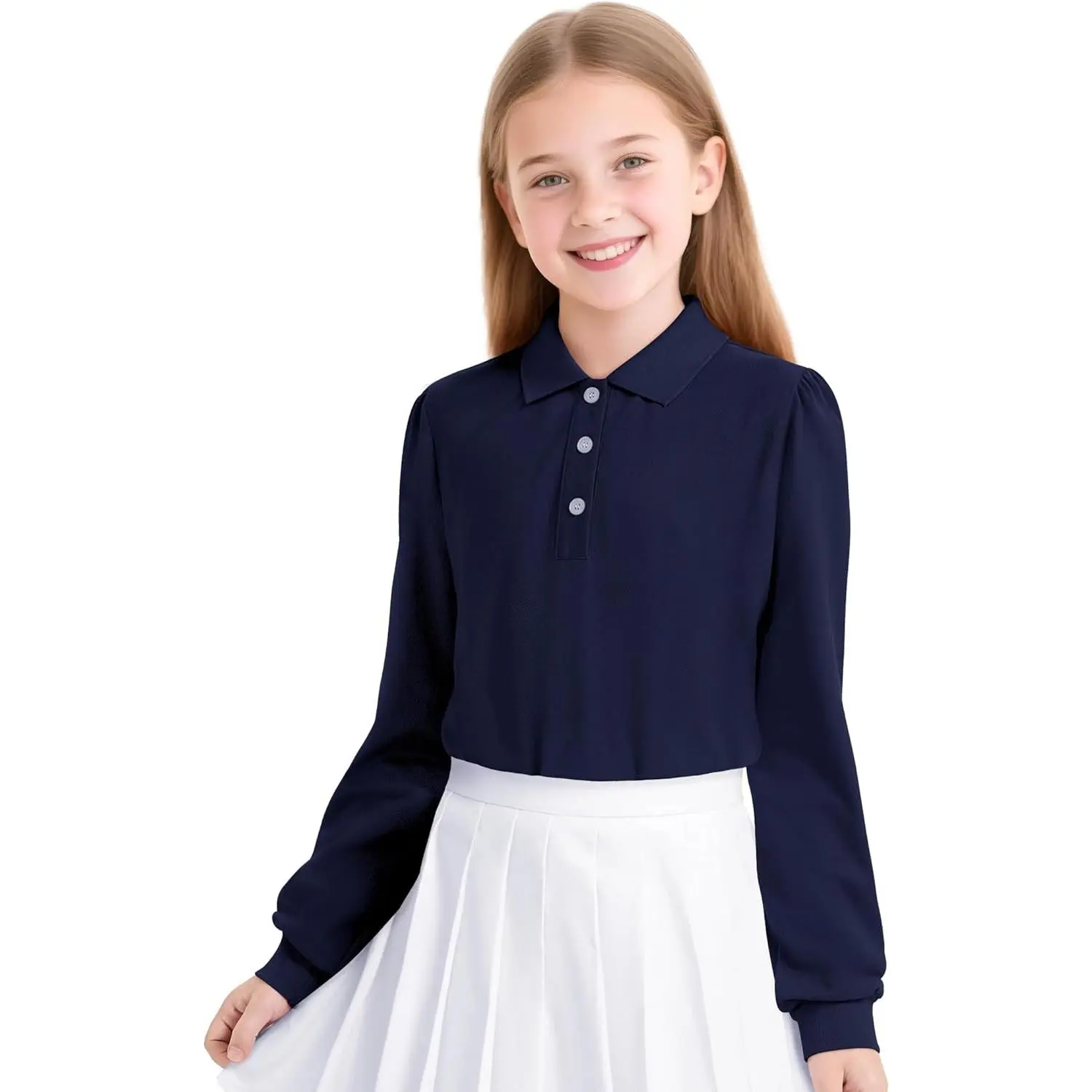 Girls' Cotton Long-Sleeve Uniform-Cut School Polo Shirts, School Wear for Kids