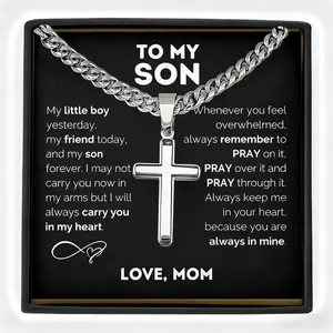 "To My Son" Stainless Steel Cross Pendant Necklace – Inspirational Christian Jewelry with Card & Gift Box – Perfect Birthday, Valentine’s Day & Christmas Gift Valentine's Self Care Basket