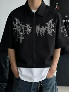 Men's Gothic Cross Rhinestone Print Zip Up Short Sleeve Shirt For Streetwear