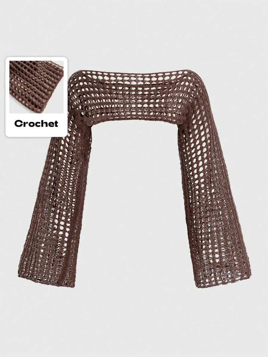 SHANIAH Y2K Grunge Punk Summer Crochet Hollow Out Trumpet Sleeve Open Knit Crop Sweater, School, Long Sleeve Tops