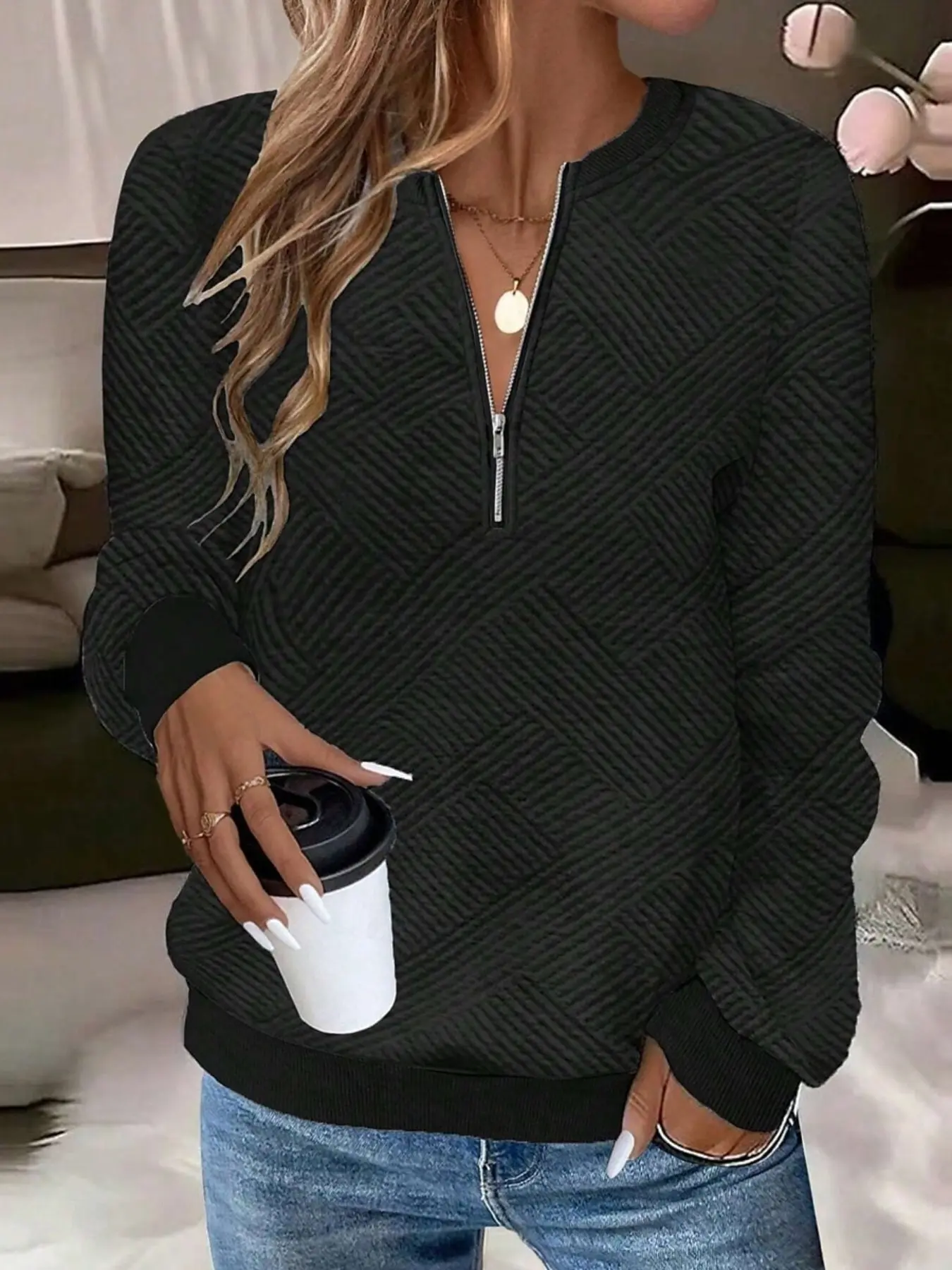 Women's Plain Fitted Half-Zip Lightweight Sweatshirt, Casual Ribbed Neck Long Sleeve Top, Comfortable Daily Wear for Fall & Winter, Womenswear, Lady