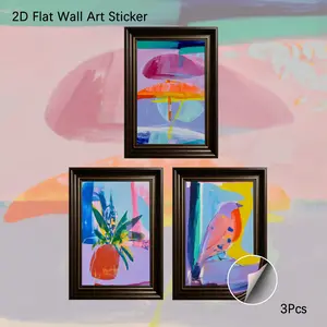 2D Flat Wall Art, 3Pcs PVC Self-Adhesive Framed Wallpaper Sticker, Vibrant Abstract Plant & Bird Wall Decals, Bold Brushstroke Art Decor for Living Room, Bedroom, Ideal for Art Lovers & Modern Aesthetic Fans
