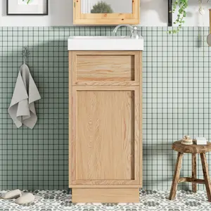15.75" Bathroom Vanity with Reversible Resin Sink, MDF Cabinet with Adjustable Shelf and Push-to-Open Door, Wood Grain Melamine Finish, Reversible Door, Rustic Style for Small Spaces   WL