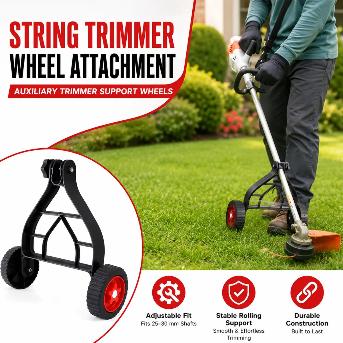 String Trimmer Wheel Attachment, Auxiliary Trimmer Mower Support Wheels, Grass Trimmer Accessories, Metal Plastic Adjustable Wheel Attachment for Weed Trimmer