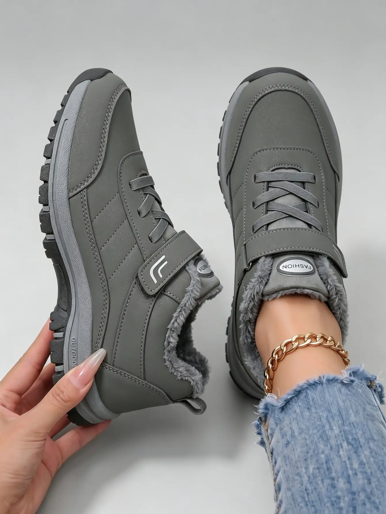 Women’s Grey Fleece Lined Mid Top Winter Snow Boots, Waterproof Adjustable Velcro Slip On Warm Walking Shoes, Non-Slip Rugged Sole Outdoor Hiking Cold Weather Sneakers