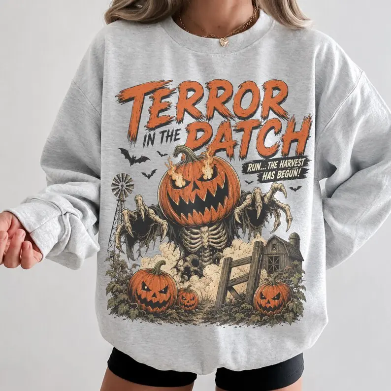 Retro Haunted Pumpkin Patch Sweatshirt Trendy Halloween Crewneck Spooky Season Sweatshirt Halloween Skeleton Shirt Vintage Halloween