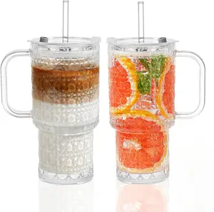 17oz Glass Tumbler with Handle Lid and Coasters Set of 2 Reusable Iced Coffee Cups with Straw Thick Glass Drinkware for Smoothies Juice Tea Home Kitchen