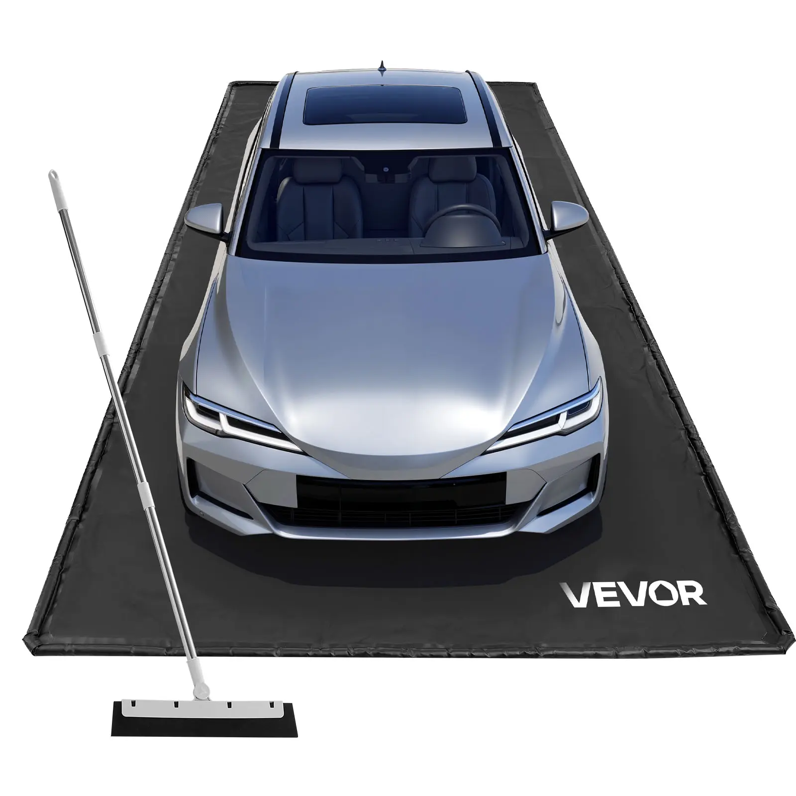 VEVOR Black PVC Large Size Wear-Resistant Garage Floor Containment Mat, 7ft9in x 18ft Anti-Slip Waterproof Area Rugs, Heavy-Duty Smooth Surface with Cleaning Squeegee & Broom for Car/SUV Snow Rain Protection