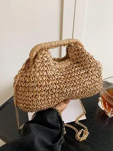 Vacation style simple and high-end woven handbag, casual and versatile fashionable solid color retro atmosphere single shoulder crossbody bag, chain shoulder strap design, suitable for beach play and shopping