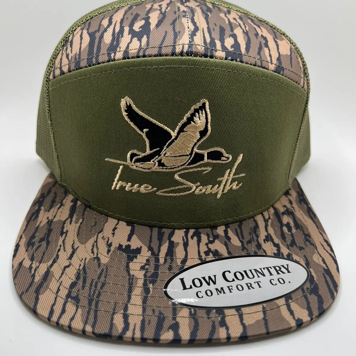 True South Green/Black Duck Embroidery. Green/Camo 7-panel Riverbed Threads hat. By Low Country