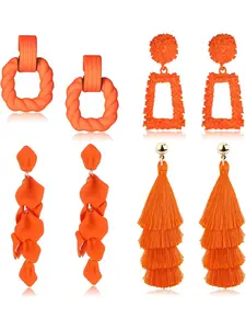 4 Pairs Statement Earrings Drop Raffia Earrings Dangle Geometric Earrings Bohemian Earrings Boho Long Tassel Earrings Hot Pink Earrings for Women Girls Boho Style Jewelry Dangling Earrings