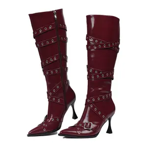 Women Winter Stiletto Heel Knight Boots Winered Black Synthetic Cover Faux Leather Thin Heels with Studded Straps & Buckles Pointed Toe Zipper Closure Chic Event Footwear Ultra-High Slim Fit Boots