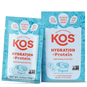 KOS Hydration + Protein Drink Mix - Tropical Flavor, 12g Protein, 1000+mg Electrolytes, Sugar-Free, Low Calorie, Sport Beverage, 7 Single-Serving Packets