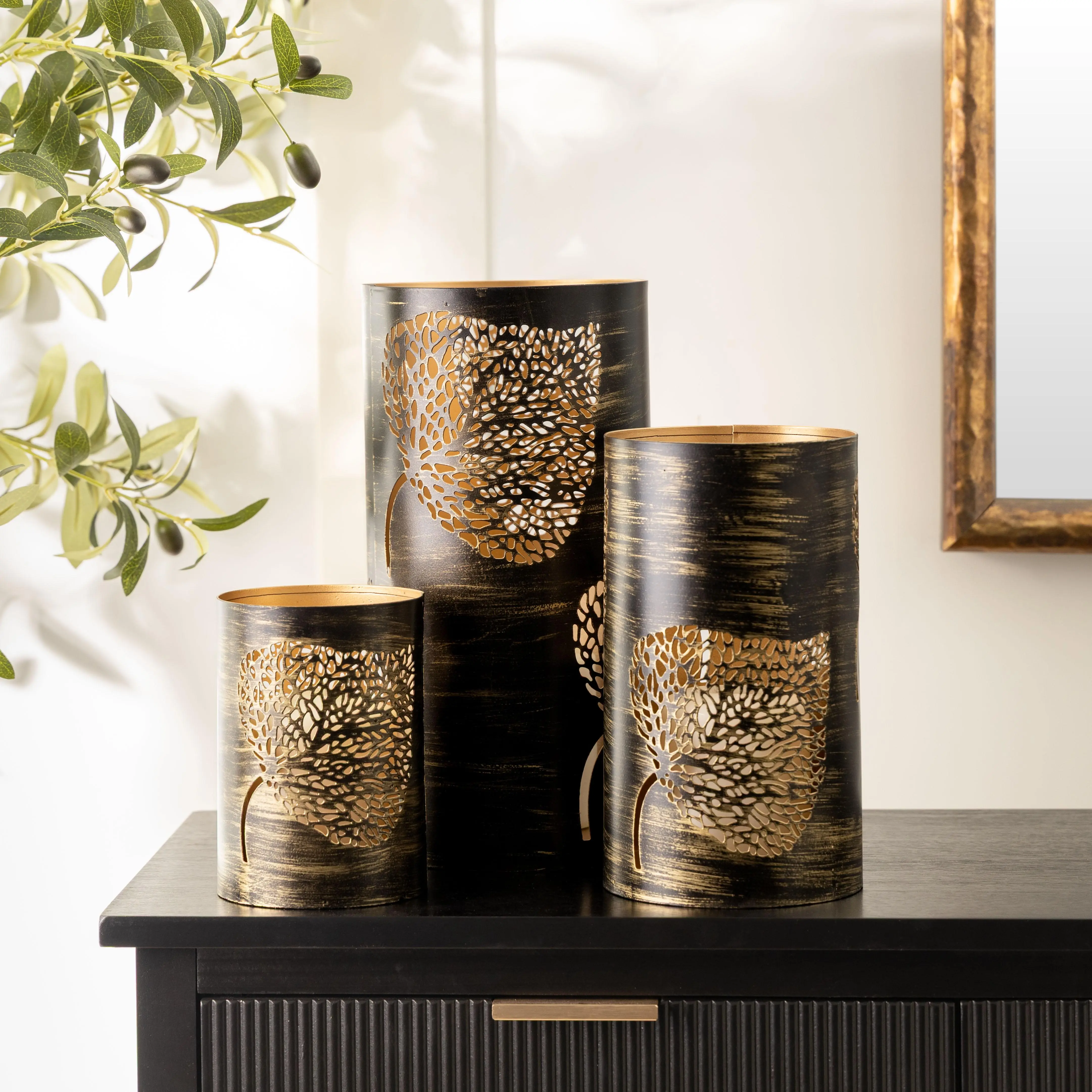 Metal Leaf Decorative Indoor Outdoor Candle Lantern with Gold Interior, Set of 3 12", 9", 5"H
