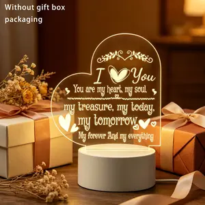 Heart Shaped I Love You Engraved Acrylic LED Night Light, Romantic Love Quote Table Lamp, Valentines Day Anniversary Birthday Christmas Gift For Him Her Couple Lover, Warm Glow Bedroom Decor Lamp