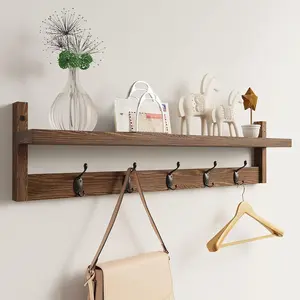 28.9 Inch Length Shelf with Hooks Entryway Coat Rack Wall Mount  Coat Hooks with Shelf Wall-Mounted Coat Hook Rack with 5 Dual Hooks for Bathroom, Living Room, Bedroom (Brown)