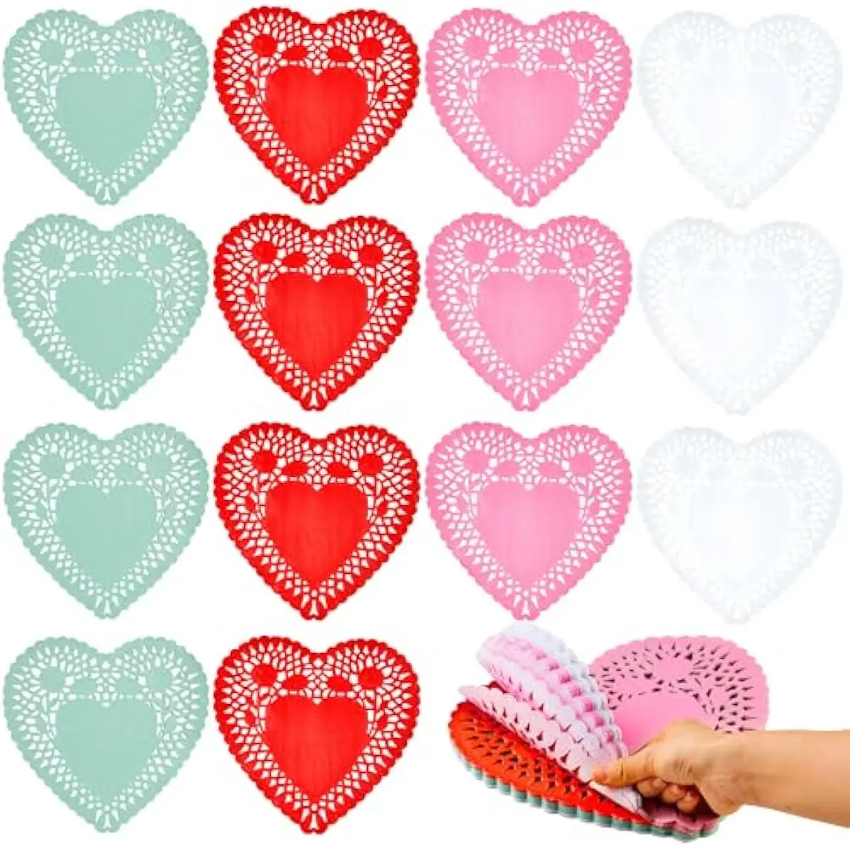 102 PCS 10" Valentines Day Heart Doilies, Tableware Decoration, Home Activitie, Kitchen Disposable Table Crafts, Red White Pink Green Heart Doilies