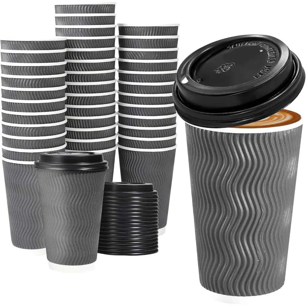 50 Pack-16 oz Insulated Disposable Coffee Cups with Lids, To - Go Paper Coffee Cups with Lids, Corrugated Ripple Wall Cup for Hot Drink, Office, Coffee Bar (Grey)
