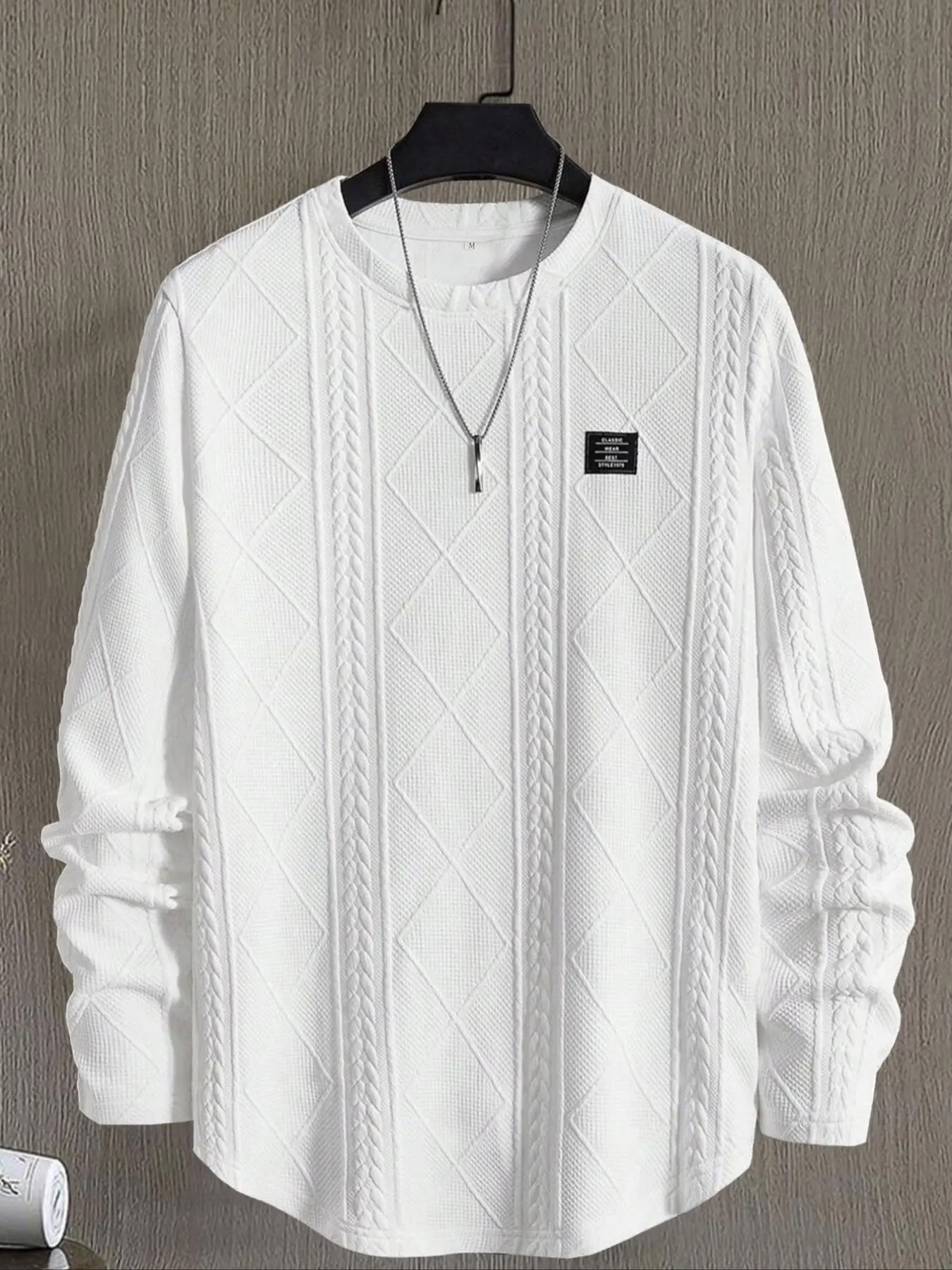 Men's Regular Fit Patchwork Details Textured Knit Tops, Casual Long Sleeve Round Neck T-shirt for All Seasons, Men's Top for Daily Wear, Knitwear, Fitted