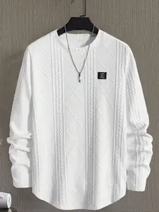 Men's Regular Fit Patchwork Details Textured Knit Tops, Casual Long Sleeve Round Neck T-shirt for All Seasons, Men's Top for Daily Wear, Knitwear