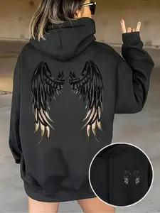 Women's Graphic Print Wings Hoodie Long Sleeve with Drawstring Pocket, Casual Loose-Fit Thick Knit Fabric, Fall Winter Fashion Loungewear Casual Hooded Sweatshirt Sweatshirt Tops for Daily Wear Outdoor Activities