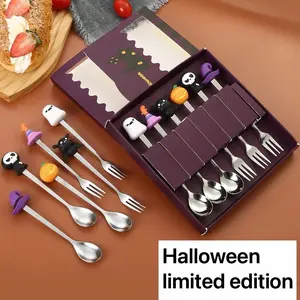 Halloween Stainless Steel Cutlery Set, Tableware, Dinnerware, Tableware Kit, Utensils, 6-Piece Colorful Dessert Spoons & Fruit Forks, Long Handle Stirring Spoon, Perfect Gift Idea