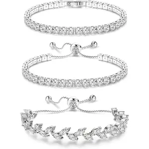 Women's 3-Pack Silver-Plated Cubic Zirconia Adjustable Stackable Tennis Bracelets, Elegant Jewelry Accessory, White Gold Bracelet Alternative, Ideal for Women's Prom, Wedding Gifts, Elegant Jewelry Bracelet,summerwins