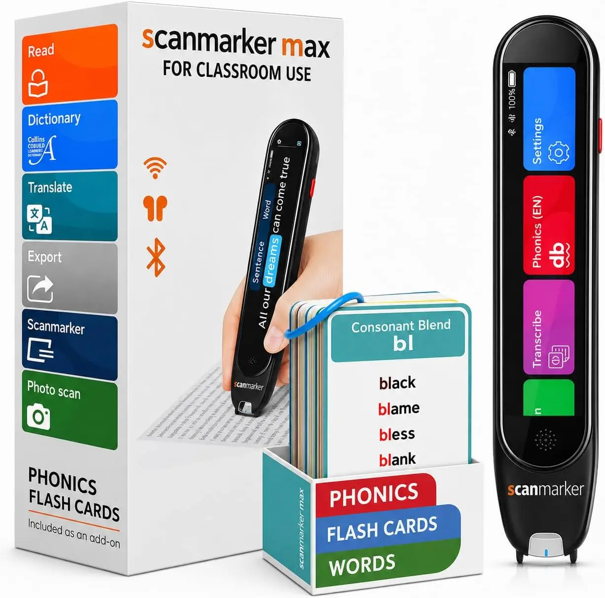 Scanmarker Max Reading Pen + Phonics Cards Bundle | Designed for Classroom Support with Phonics Assistance, Lock Function and Assistive Web App