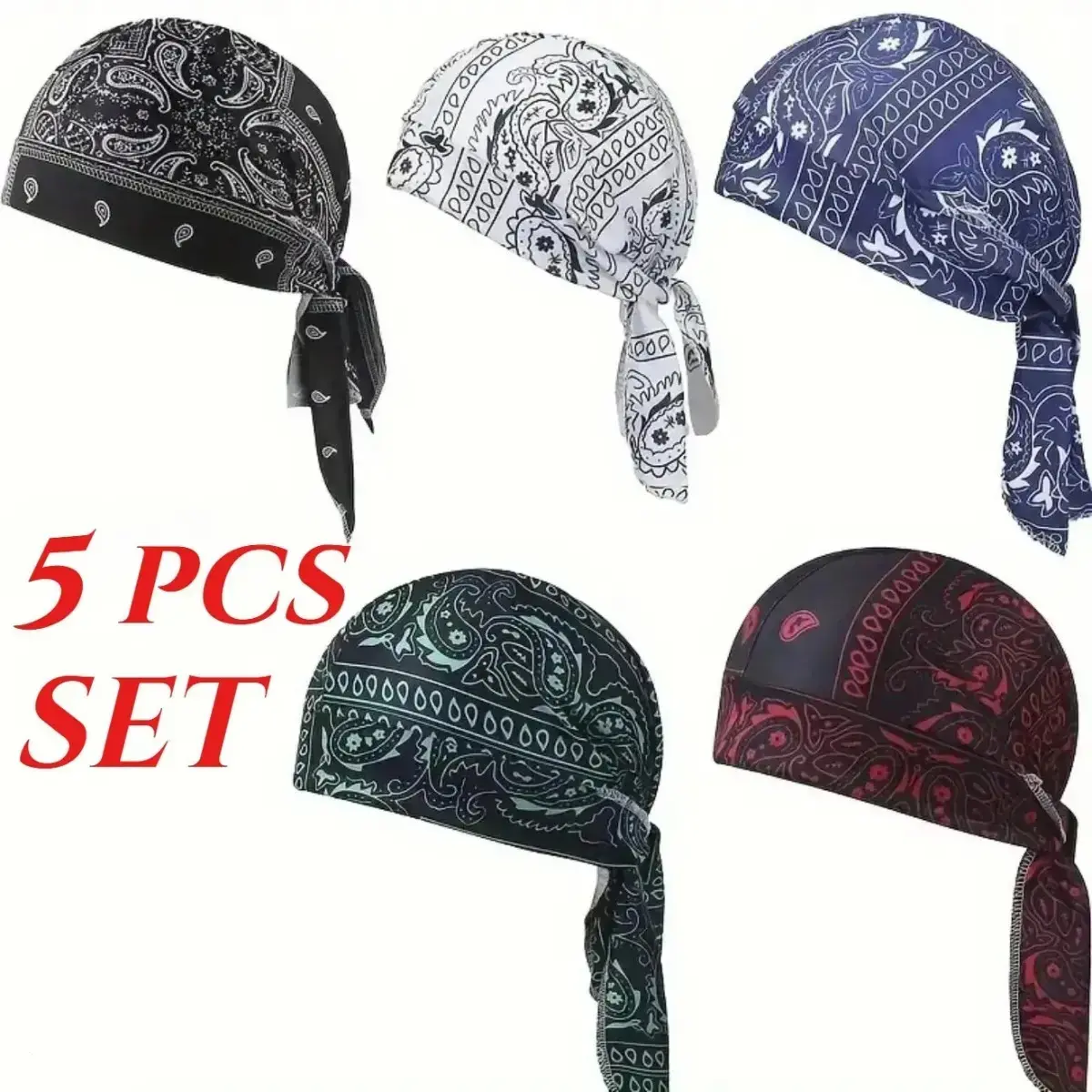 5-Pack Adjustable Tie Back Headbands for Men & Women, Breathable Cycling Skull Caps & Helmet Liner, Sweat-Wicking Sports Head Wraps for Running, Gym, Outdoor Fitness & Daily Wear