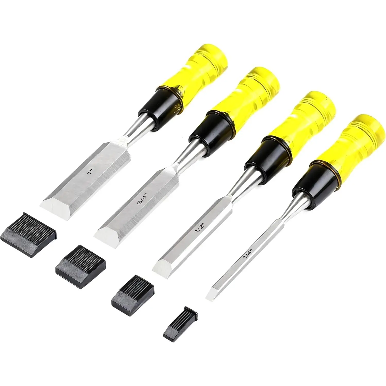 CR-V Steel 4-Piece Multi-Size Beveled Edge Hand Chisel Set (1/4", 1/2", 3/4", 1 inch) with Safety Caps, Premium Blades, Heat-Treated Edges, Comfortable Crystal Handles for Precision Carving & DIY Woodworking