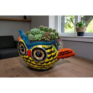 Talavera Planter Pot Owl Figurine  Handmade Ceramic Pottery Artisan  Bird  Puebla  Hand Painted Folk Art  Home Decor Boho Animal Sculpture