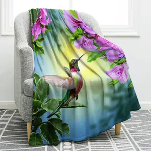 Hummingbird Floral Blanket Gifts for Women Kids Girls Mom Wife Birthday Mother's Day Presents Home Bedroom Pink Flowers Bird Decor Soft Cozy Lightweight Plush Throw Blanket 50"x60", Printed on One Side with a Plain White Back, Halloween Thanksgiving Chris