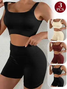 Women's High Waist Ribbed Sportswear Set, Breathable Fabric for High Waisted Yoga Training Casual Wear, Comfortable Body Shape, 3 Sets