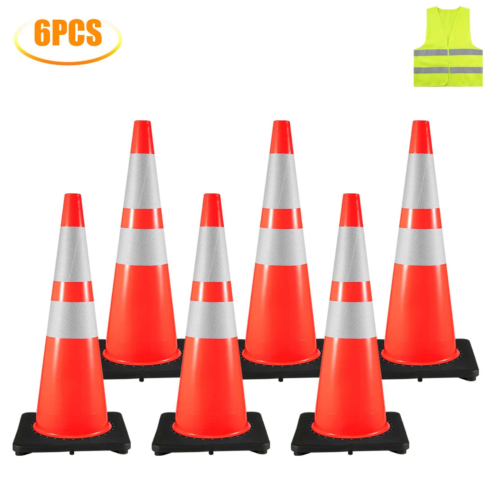 【DealsForYouDays】VEVOR 6Pack 36\" Traffic Cones Safety Road Parking Cone with Black Weighted BasePVC Orange Traffic Safety ConesHazard Cones Reflective Collars for Construction Traffic Parking