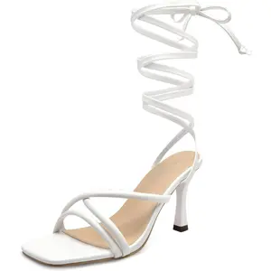 Women's Strappy Heeled Sandals for Wedding, Prom, Party, Tie up Stiletto Heels Footwear White Open Toe Platform