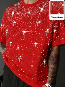 Unisex Rhinestone Cross Pattern Fitted Short T-Shirt, Streetwear Street Style Glam Top, Sparkling Fashion Design, Perfect for Daily Wear & Night Out, Chic Fashion Casual